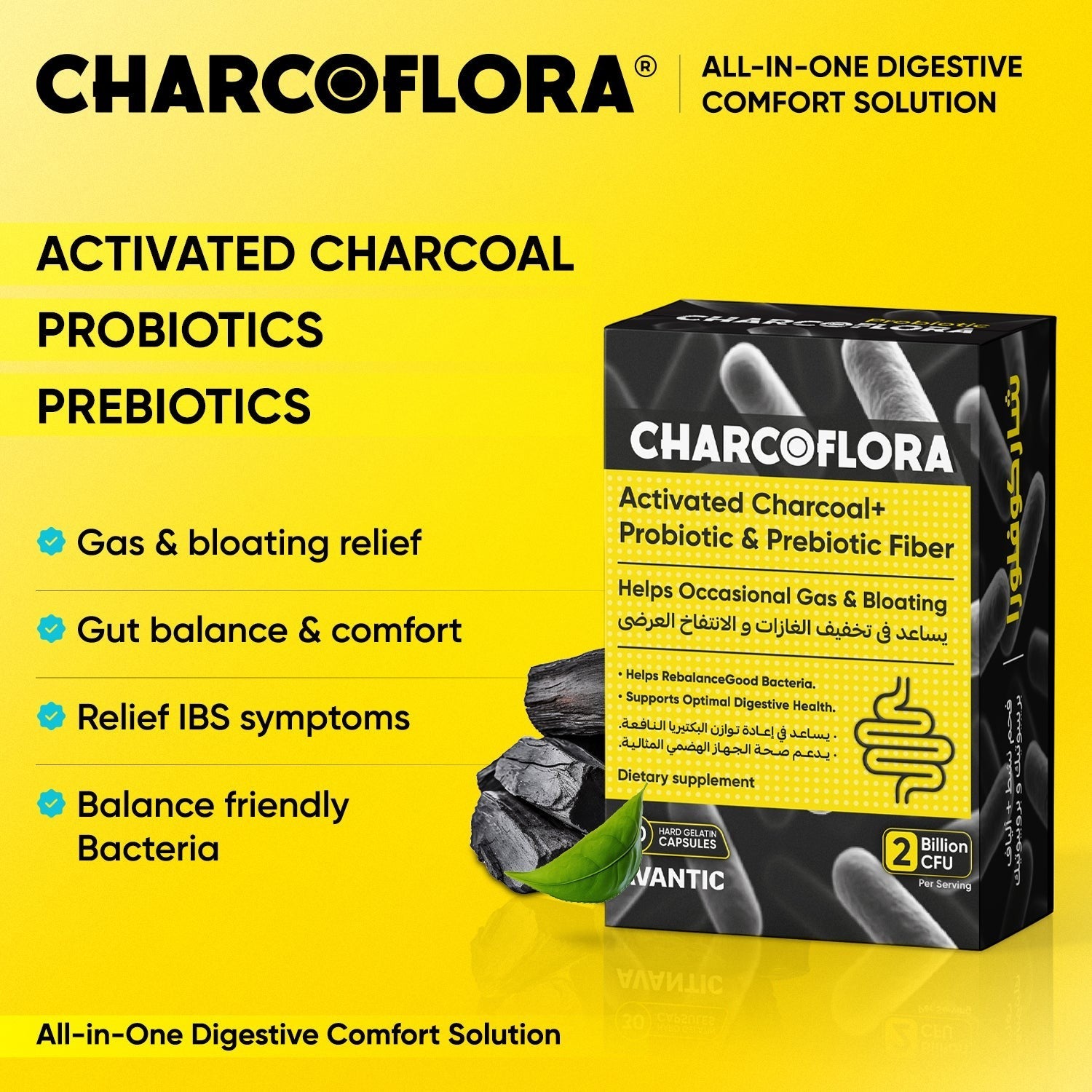 Charcoflora 30 Capsules | Activated Charcoal & Probiotics
