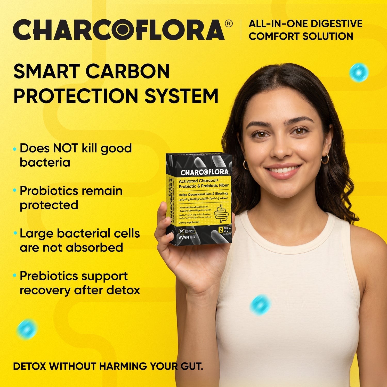 Avantic Charcoflora Capsules | Activated Charcoal, Probiotics & Prebiotic Fiber – 30 Capsules