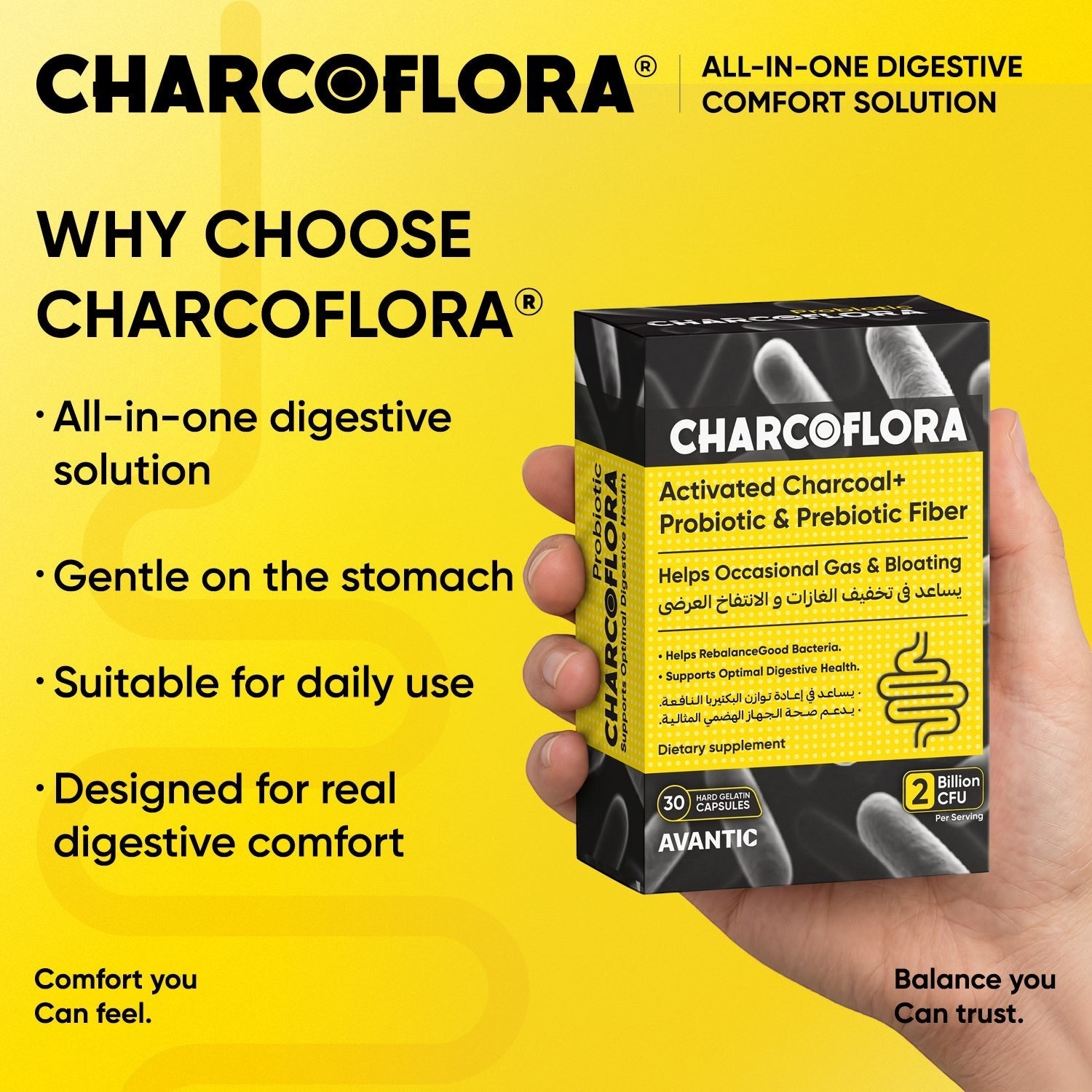 Avantic Charcoflora Capsules | Activated Charcoal, Probiotics & Prebiotic Fiber – 30 Capsules