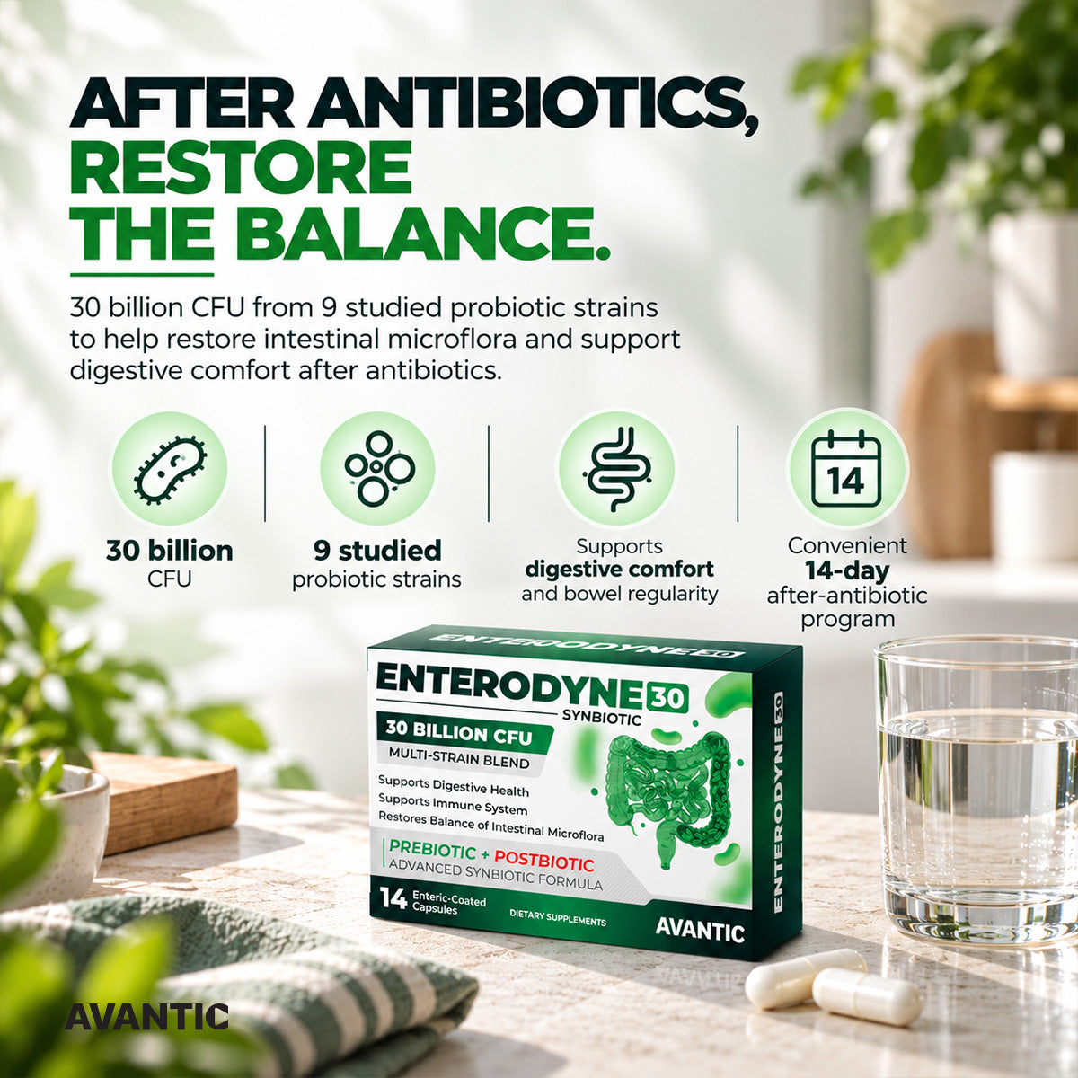 [en] Avantic Enterodyne 30 – after antibiotics, restore the balance: 30 billion CFU from 9 studied probiotic strains