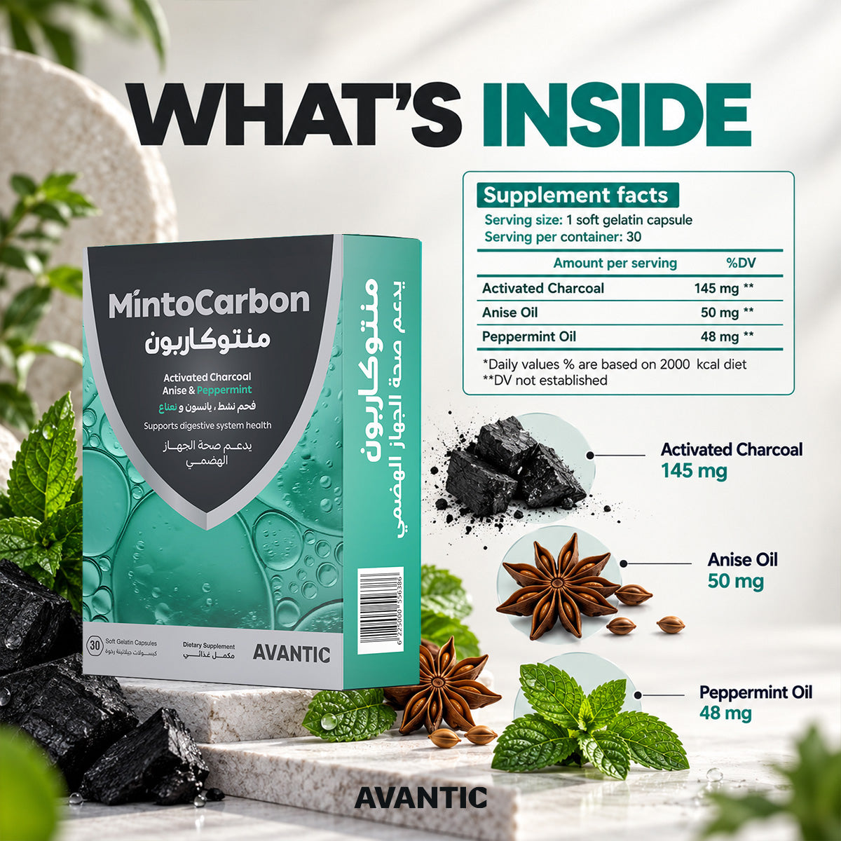 MintoCarbon – Supplement facts: activated charcoal 145 mg, anise oil 50 mg, peppermint oil 48 mg [en]