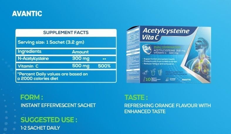 Avantic Acetylcysteine Vita C 300mg + 500mg | Lung & Immune Support