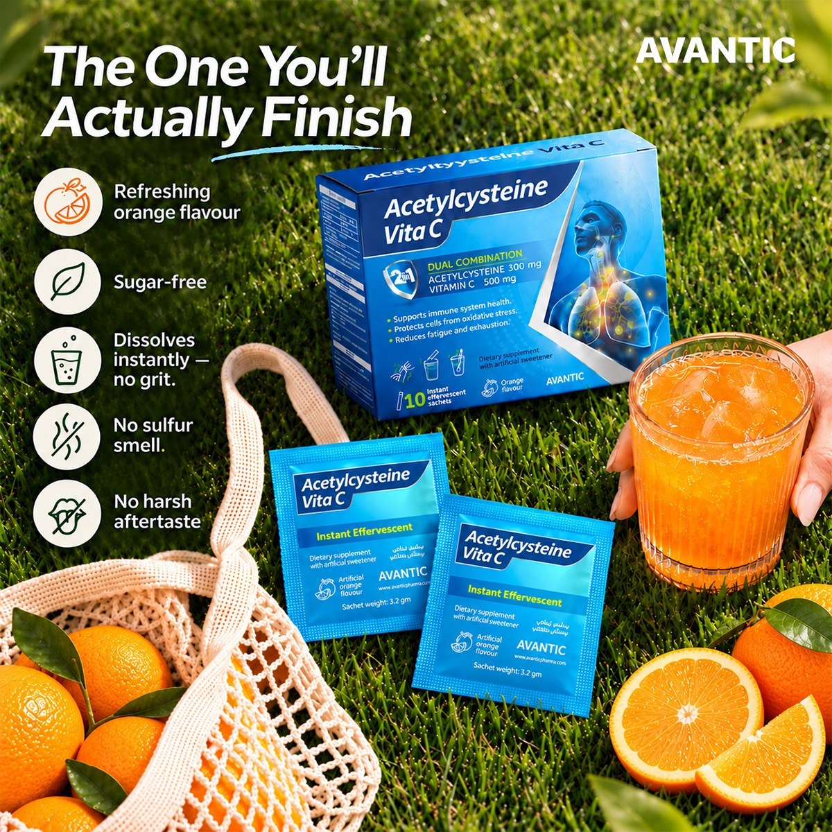 Acetylcysteine Vita C – Sugar-free, dissolves instantly, no sulfur smell, orange flavour [en]