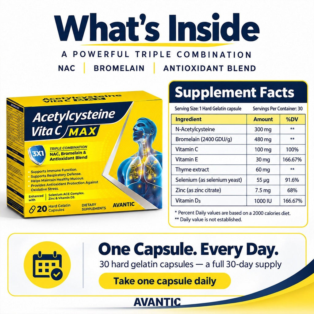 Acetylcysteine Vita C MAX – Supplement facts: NAC 300 mg, bromelain 480 mg, vitamins C, E, D3, selenium and zinc [en]