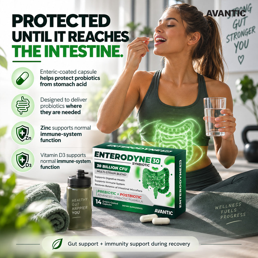 [en] Enterodyne 30 – enteric-coated capsule helps protect probiotics from stomach acid, with zinc and vitamin D3 for immune support
