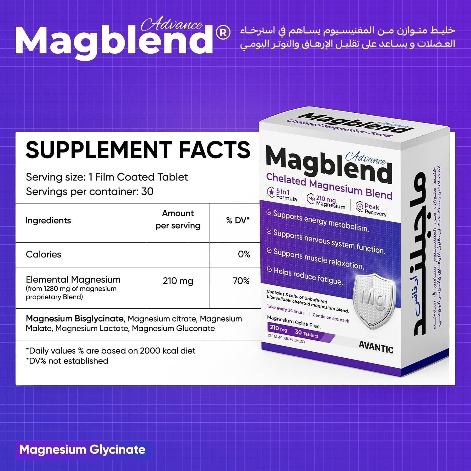 Avantic Magblend 5-in-1 Chelated Magnesium 210mg Tablets | Muscle & Nervous System Support