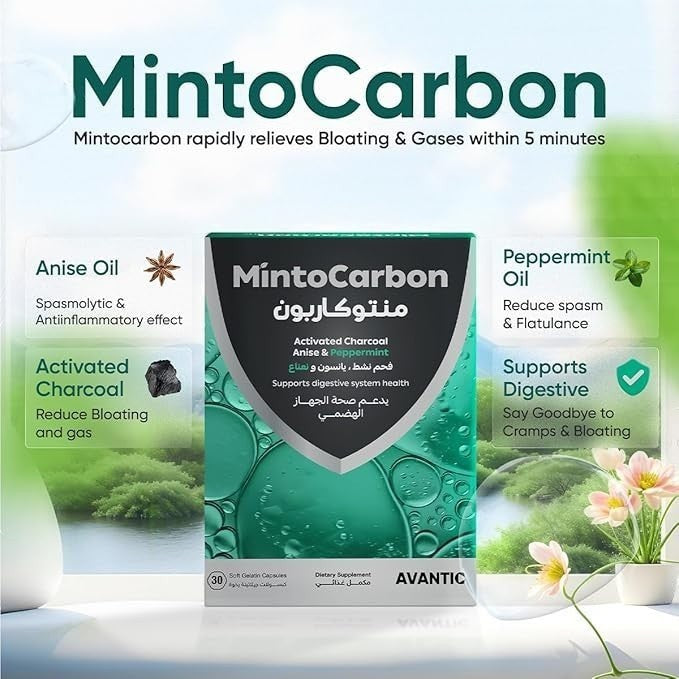 Avantic MintoCarbon Softgels | Activated Charcoal, Peppermint & Anise Oil – 30 Softgels