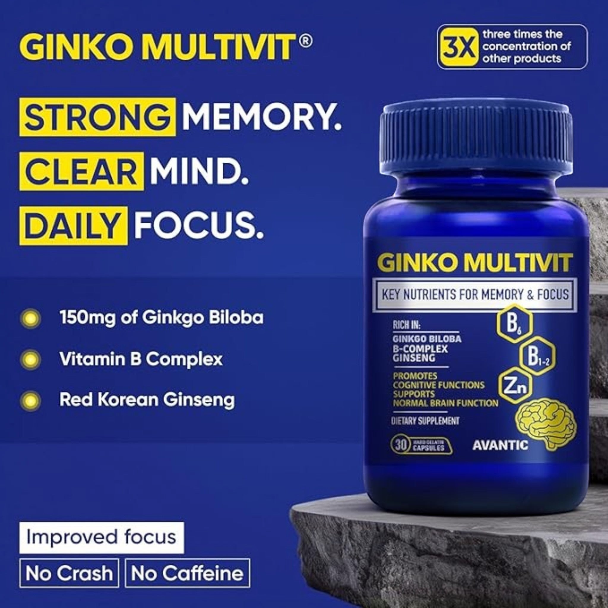 Avantic Ginko Multivit Capsules | Ginkgo Biloba, Panax Ginseng & B-Complex – 30 Capsules