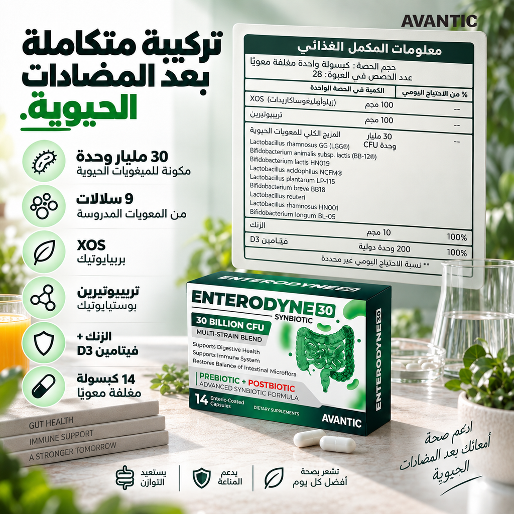 [ar] إنتيروداين 30 – معلومات المكمل الغذائي: سلالات البروبيوتيك و XOS والتريبيوتيرين والزنك وفيتامين D3