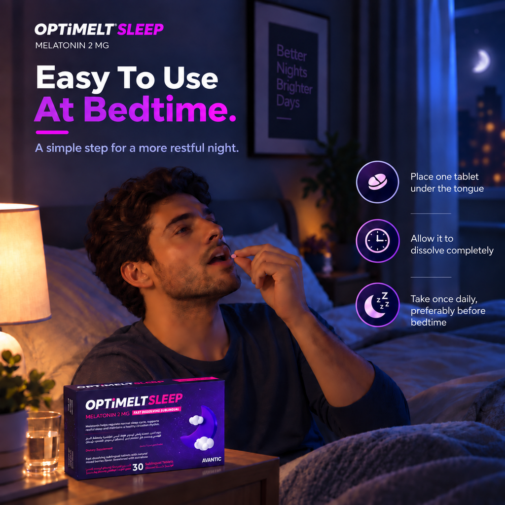 Optimelt Sleep – How to use: one tablet under the tongue once daily before bedtime [en]
