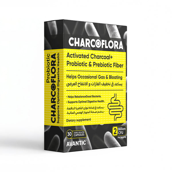Avantic Charcoflora Capsules | Activated Charcoal, Probiotics & Prebiotic Fiber – 30 Capsules