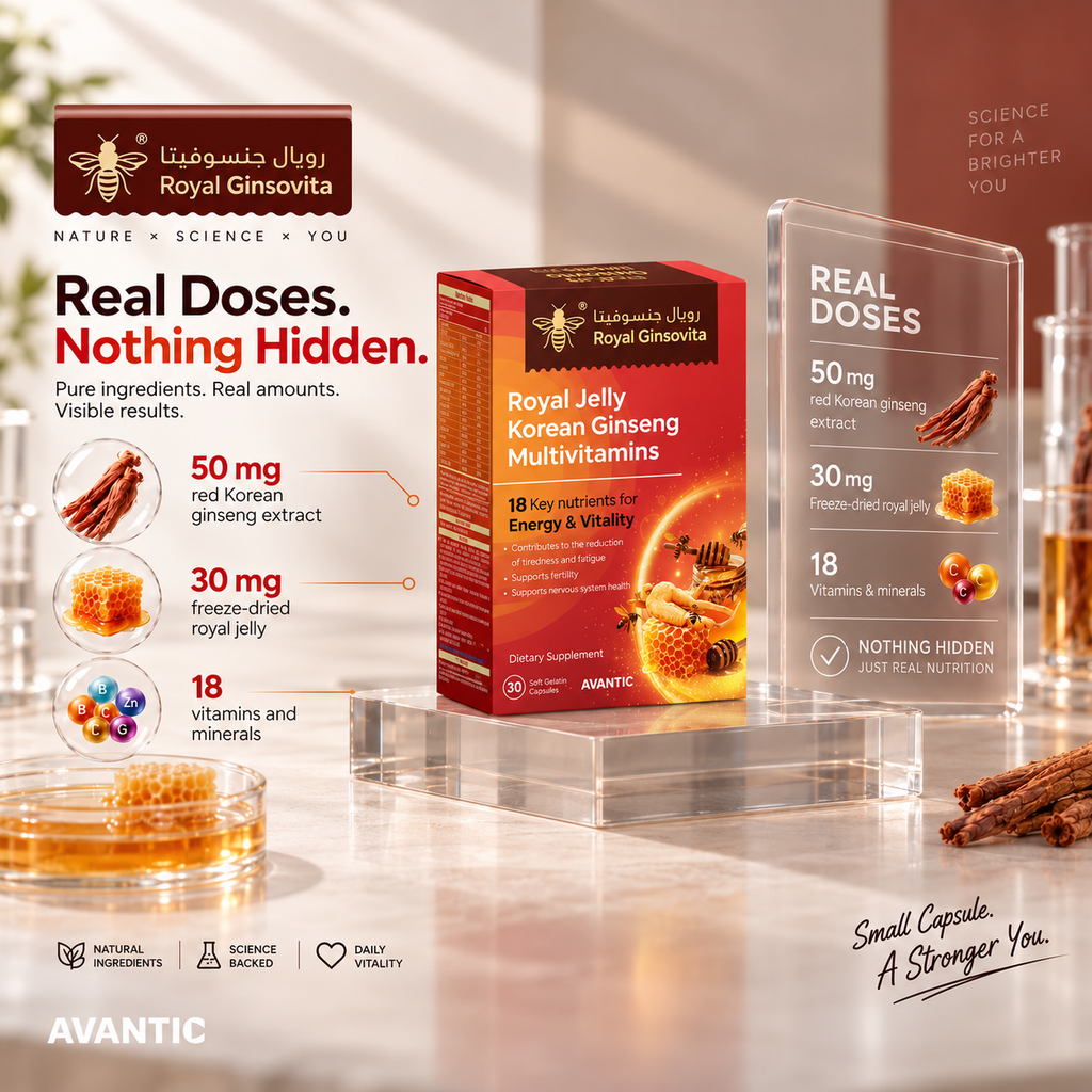Royal Ginsovita – Real doses: 50 mg red Korean ginseng extract, 30 mg freeze-dried royal jelly, 18 vitamins and minerals [en]