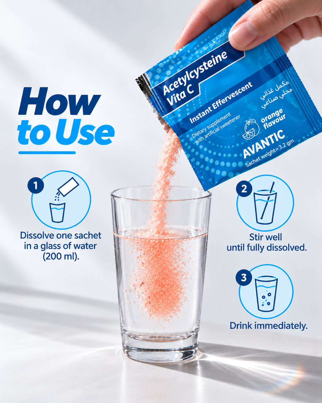 Acetylcysteine Vita C – How to use: dissolve one sachet in 200 ml of water [en]