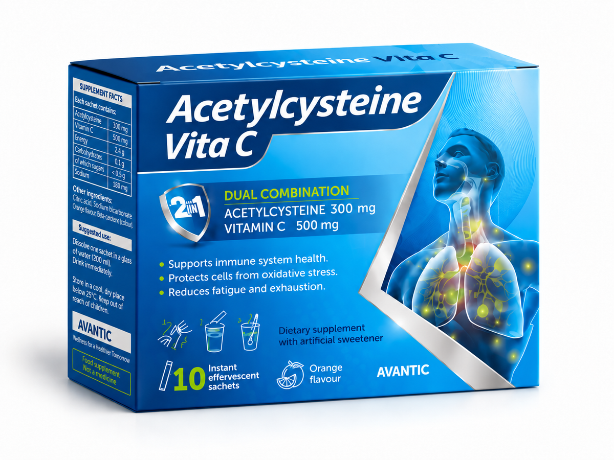 أسيتيل سيستايين فيتا سي من أفانتك – 10 أكياس فوارة بنكهة البرتقال | Avantic Acetylcysteine Vita C 300mg + Vitamin C 500mg Effervescent Sachets
