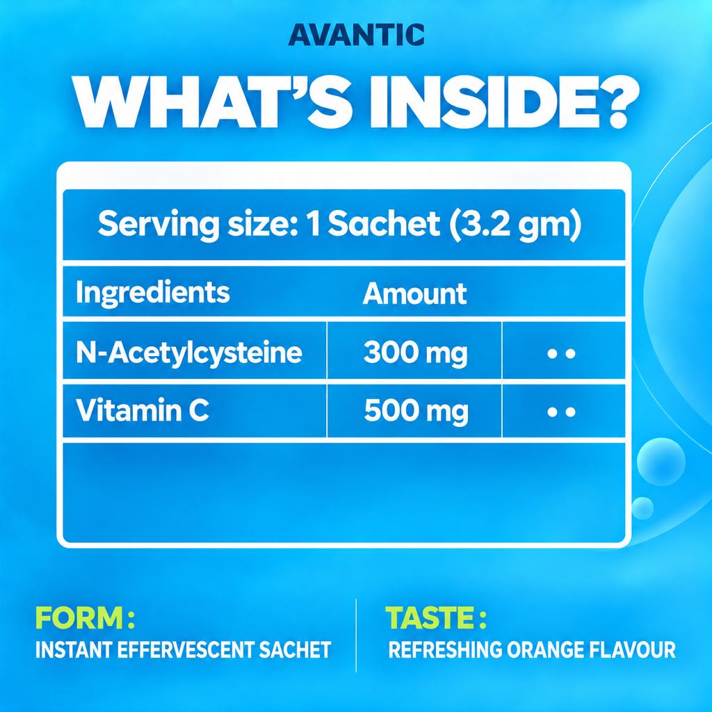 Acetylcysteine Vita C – What's inside: 300 mg N-acetylcysteine and 500 mg vitamin C per 3.2 g sachet [en]